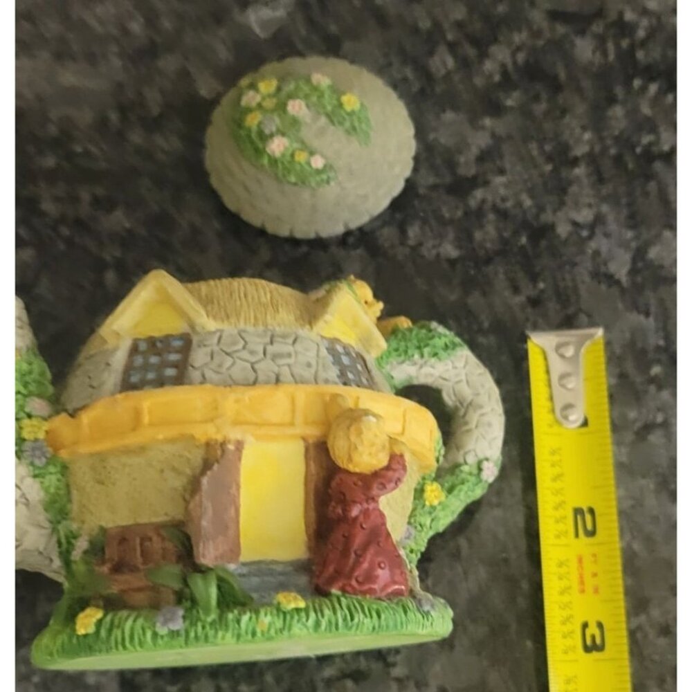Vintage Miniature Cottage-Shaped Teapot With Lid and Kitties and Flowers
